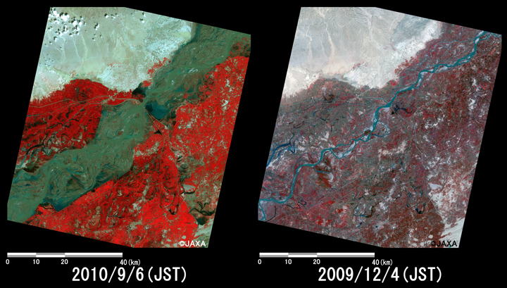 Fig.2: Enlarged images of the swollen rivers in Kashmore (4,900 square kilometers, left: September 6, 2010; right: December 4, 2009).