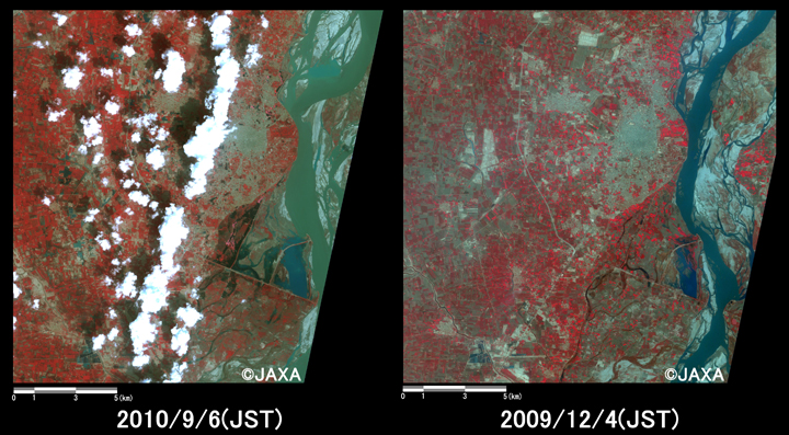 Fig.3: Enlarged images of the swollen rivers in Dera Ismail Jhan (324 square kilometers, left: September 6, 2010; right: December 4, 2009).