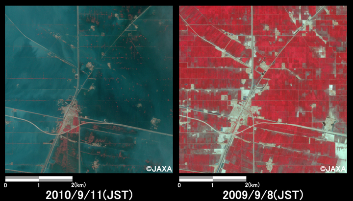 Fig.3: Enlarged images of the swollen rivers in Qubba Saida Khan. (25 square kilometers, left: September 11, 2010; right: September 8, 2009).