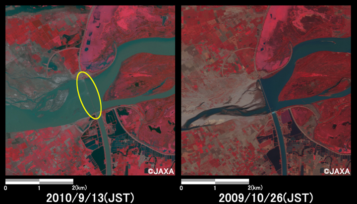 Fig.4: Enlarged images at Chenab River in Kot Hara. (25 square kilometers, left: September 13, 2010; right: October 26, 2009).