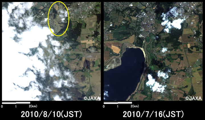 Fig.2: Enlarged images of the submerged area at Zgorzelec (49 square kilometers, left: August 10, 2010; right: July 16, 2010).
