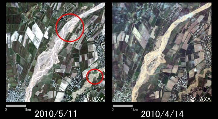 Fig. 2: Enlarged image around Imeni Vose (5km square, left: May 11, 2010; right: April 14, 2010).