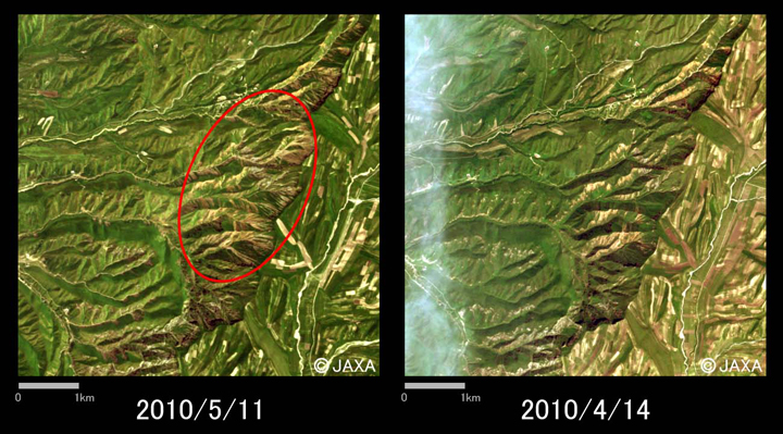 Fig. 4: Large mudslides in Chagam (6km square, left: May 11, 2010; right: April 14, 2010).