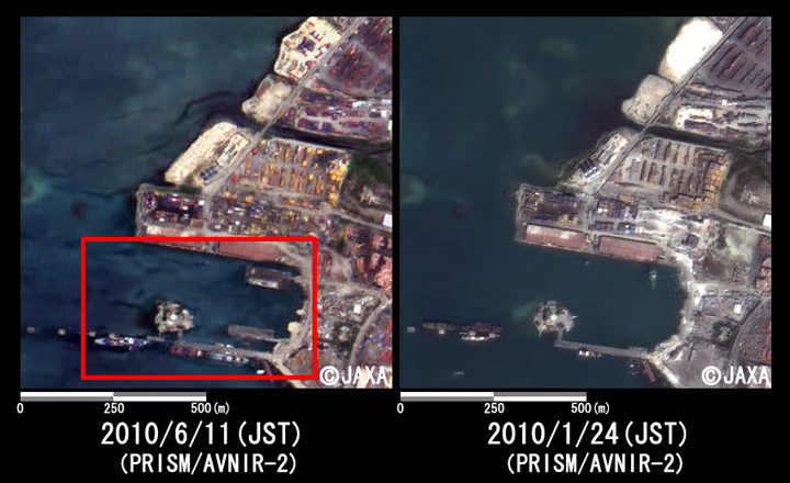 Fig. 4: Enlarged image of the harbor at Port-au-Prince (1km squares, left: June 11, 2010; right: January 24, 2010).