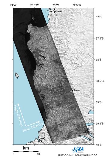 Figure 2 right is a PALSAR amplitude image acquired after the earthquake (Mar. 2, 2010) indicating an observation field of 100km from south to north.