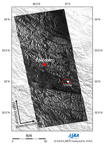 Figure 2 right is a PALSAR amplitude image acquired after the earthquake (Apr. 17, 2010) indicating an observation field of 200km from south to north.