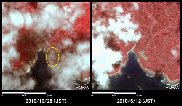 Fig.5: Enlarged images at the coast in North Pagai Island (4 square kilometers, left: October 28, 2010; right: June 12, 2010).