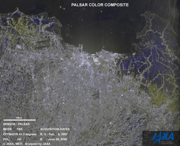 Color composite of the PALSAR FBS 41.5 HH images, RED and GREEN for after the flood of Feb. 5 2007,  and BLUE for the before of Jun. 20 2006, shows the land surface change in the color. BLUE color in the figure shows the flooding in dominant and it spread out widely in the image.