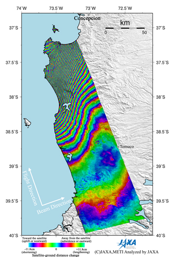 Figure 2 left is an interferogram generated from PALSAR data acquired before (Jan. 15, 2010) and after (Mar. 2, 2010) the earthquake using the DInSAR technique. A color pattern illustrates changes of satellite-ground distance for the period.