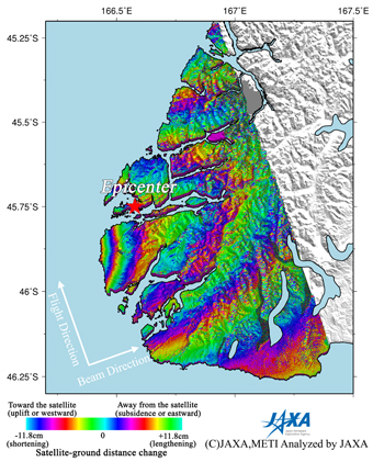 Figure 1 left is an interferogram generated from PALSAR data acquired before and after the earthquake using the DInSAR technique. A color pattern illustrates changes of satellite-ground distance for the period.