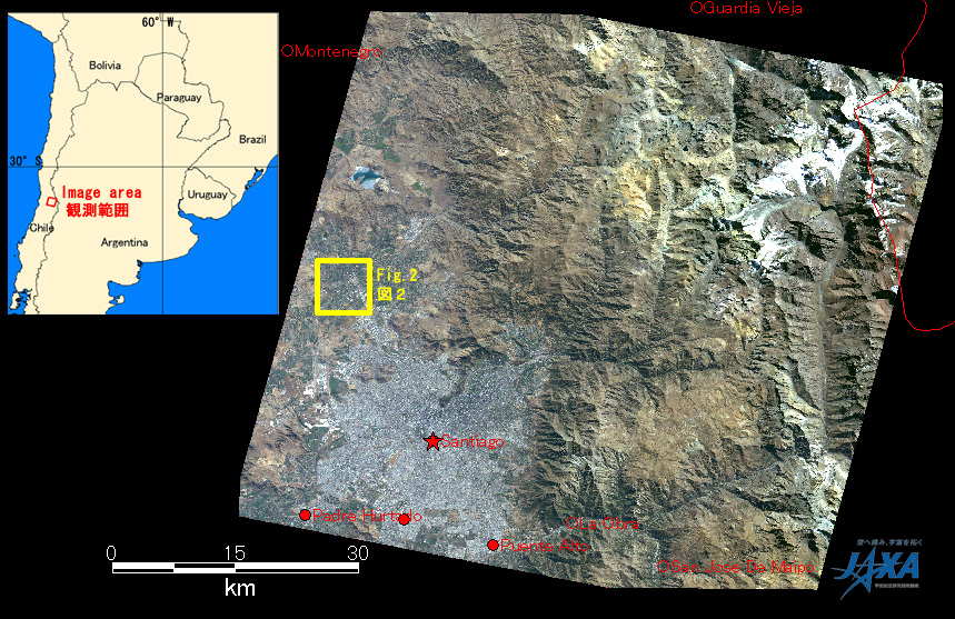 Fig.1:  AVNIR-2 image with 0.0 degree pointing angle acquired on 6:32 of April 14, 2010. Yellow square shows location of Fig. 2.
