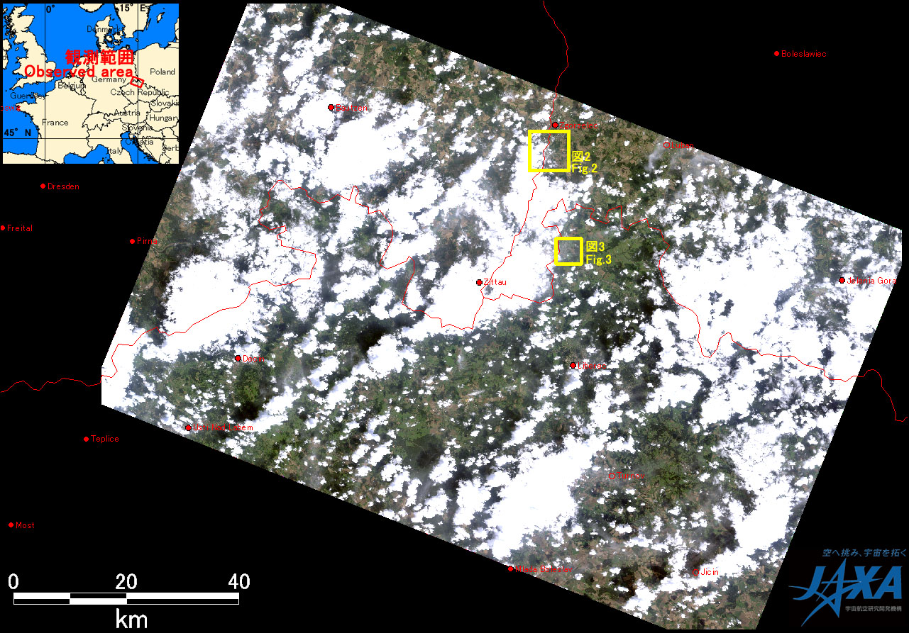 Fig.1: AVNIR-2 image with 37.0 degrees pointing angle acquired at 19:43 on August 10, 2010 (JST). Yellow squares show location of Figs. 2 and 3.