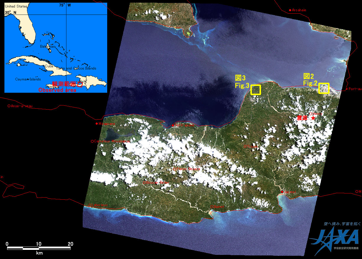 Fig. 1:AVNIR-2 image with 0.0 degree pointing angle acquired at 0:29 on June 28, 2010 (JST). A yellow squares show location of Fig. 2 and 3.