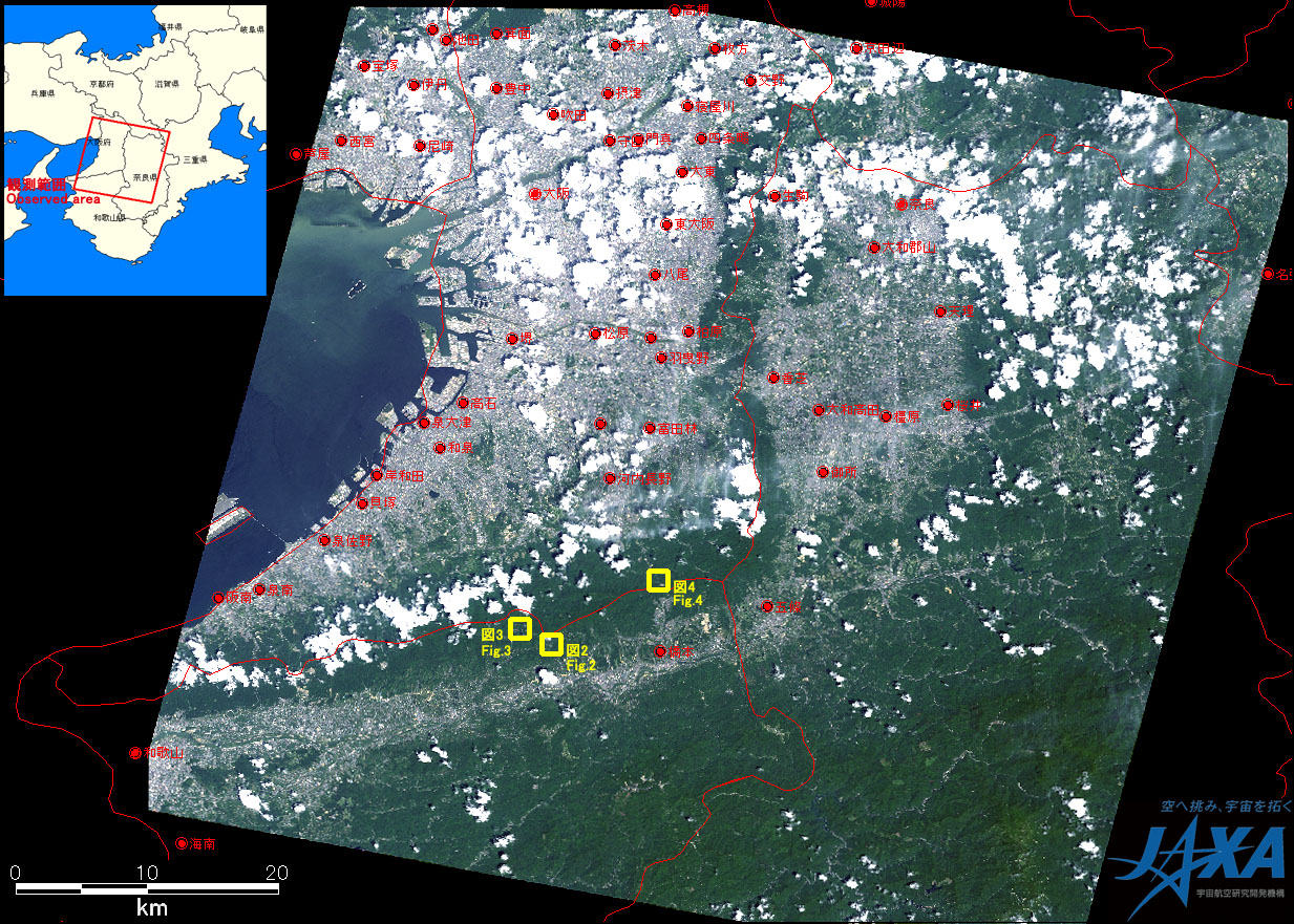 Fig.1: AVNIR-2 image with -8 degrees pointing angle acquired on 10:45 (JST) on Jul. 18, 2010. Yellow squares show locations of Figs. 2 to 4.