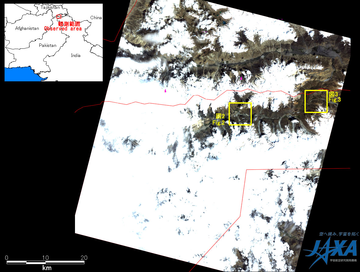 Fig.1: AVNIR-2 image with 0.0 degree pointing angle acquired at 15:02 on August 3, 2010 (JST). Yellow squares show location of Figs. 2 and 3.