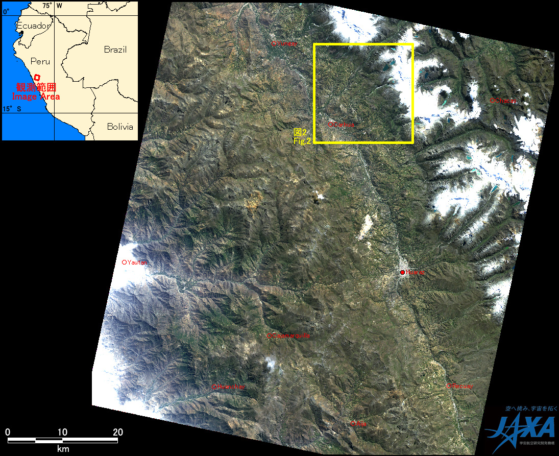 Fig.1: AVNIR-2 image with 0.0 degree pointing angle acquired on 0:35 of May 25, 2010 (JST). Yellow square shows the location of Fig. 2.