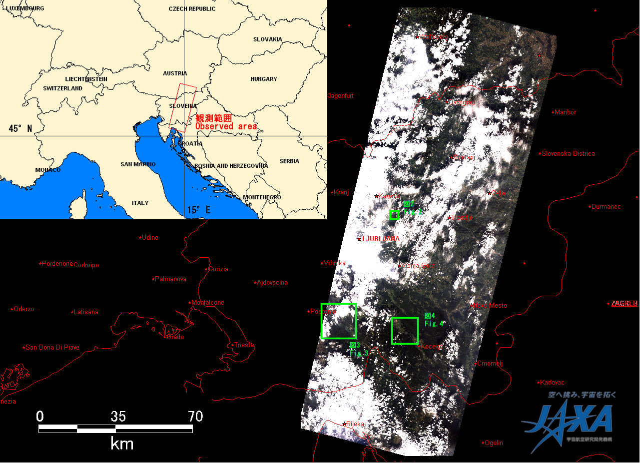 Fig.1: AVNIR-2 image with 0.0 degree pointing angle acquired at 19:03 on September 24, 2010 (JST). Green squares show location of Figs. 2 to 4.