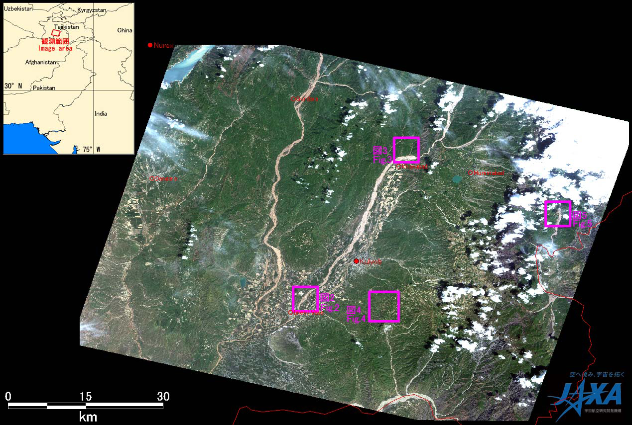 Fig.1: AVNIR-2 image with +25 degrees pointing angle acquired on 6:32 of May 11, 2010. Purple squares show locations of Figs. 2 to 5.