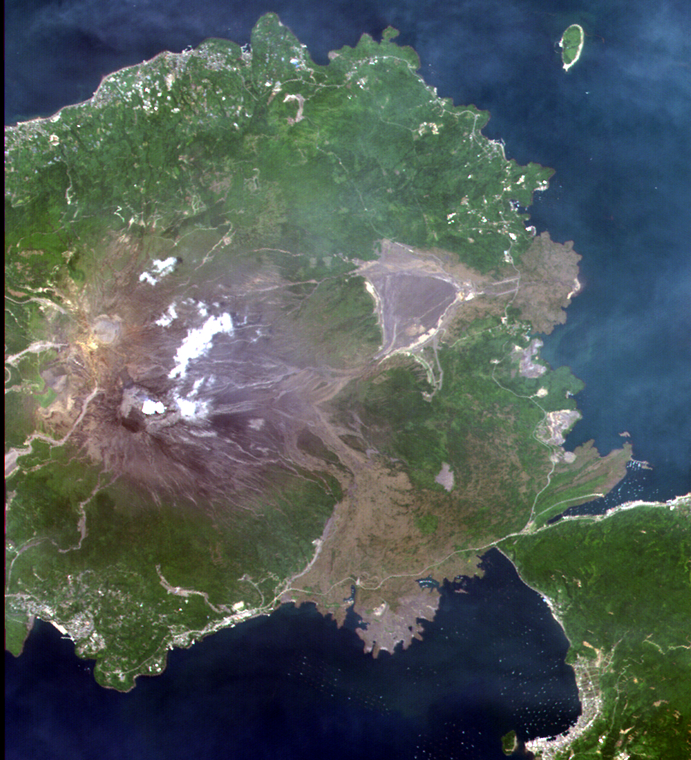 Sakurajima Island, Kagoshima Pref., Japan observed by AVNIR-2 on Jun. 20, 2006. True color combination using R,G,B=Band3,2,1 of AVNIR-2.