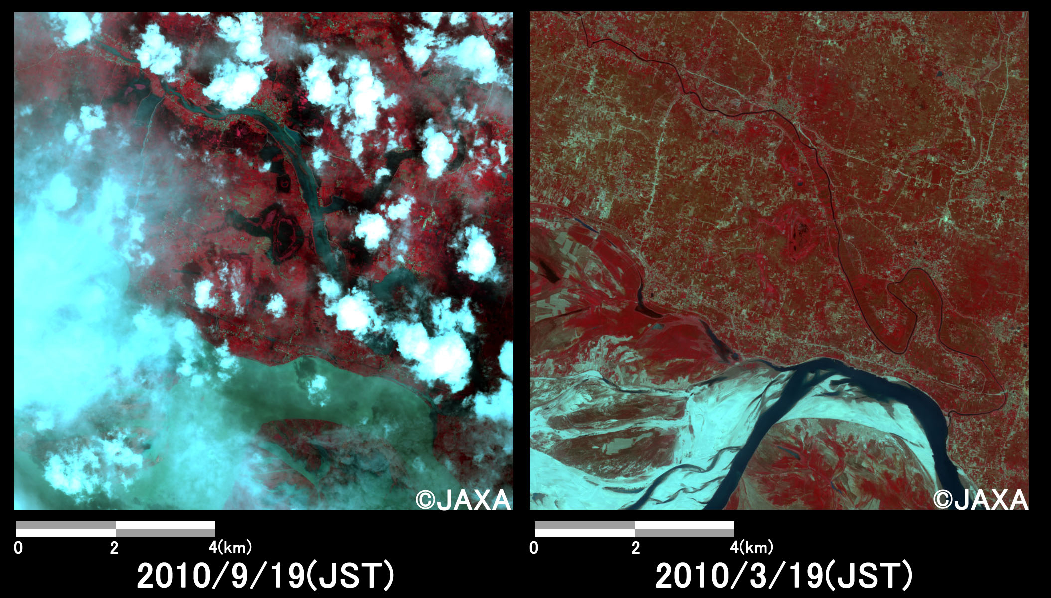 Fig. 3: Enlarged images at the swollen river at Siswan (100 square kilometers, left: September 19, 2010; right: March 19, 2010).