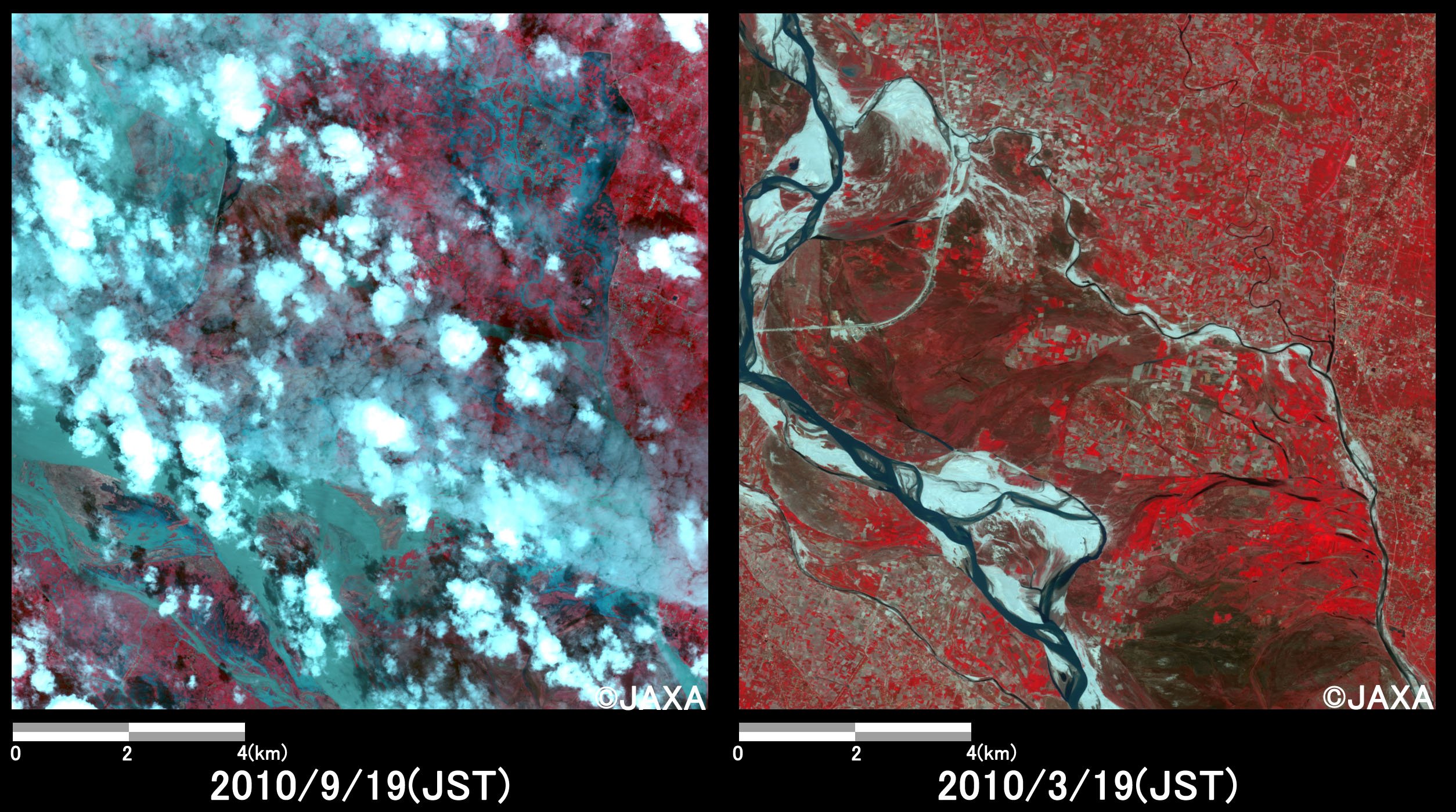 Fig. 4: Enlarged images at the swollen river at Gopal Ganj (144 square kilometers, left: September 19, 2010; right: March 19, 2010).