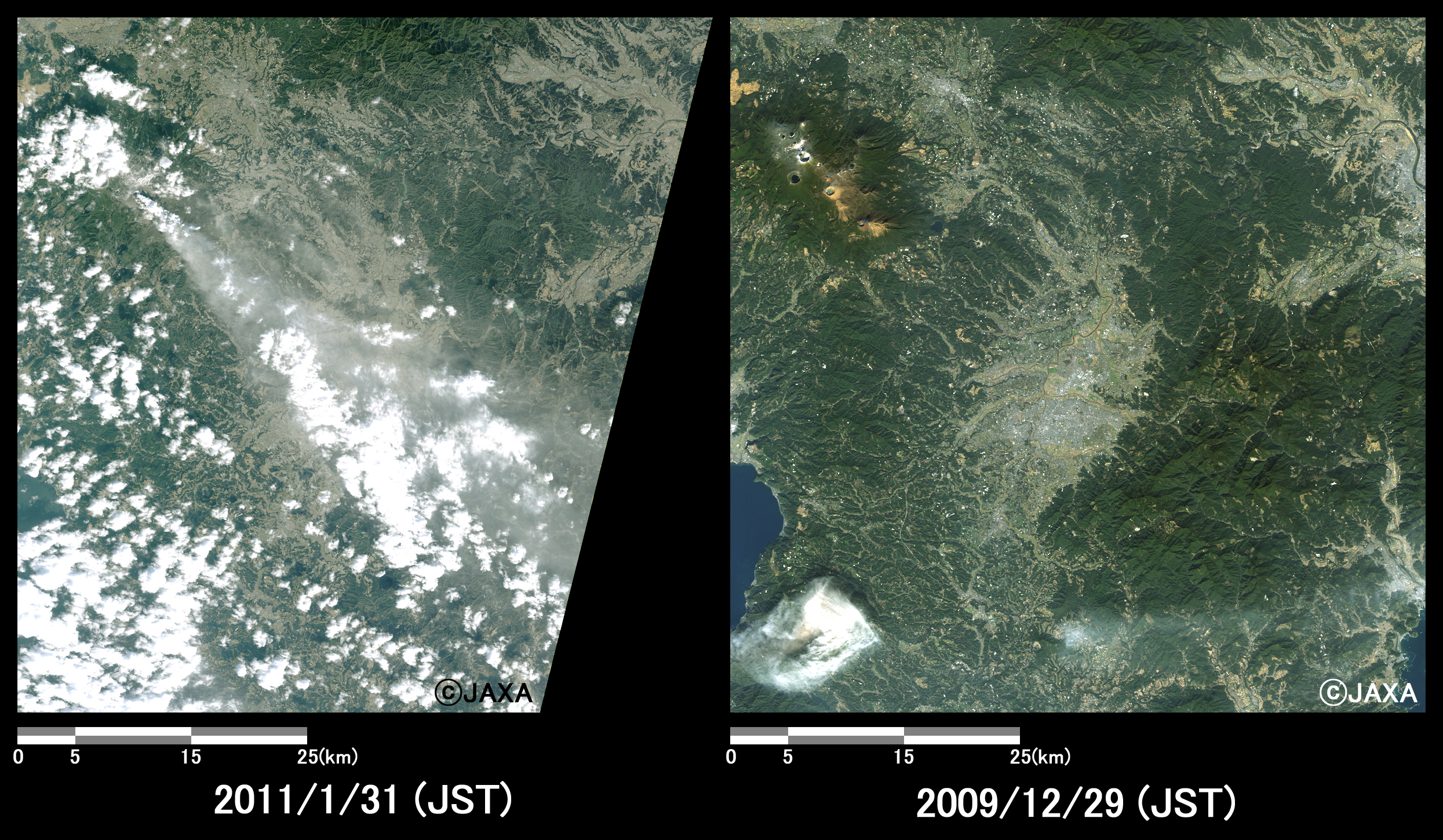 Fig. 2-1: Enlarged images of Shinmoedake peak. (3600 square kilometers, left: January 31, 2011; and right: December 29, 2009).