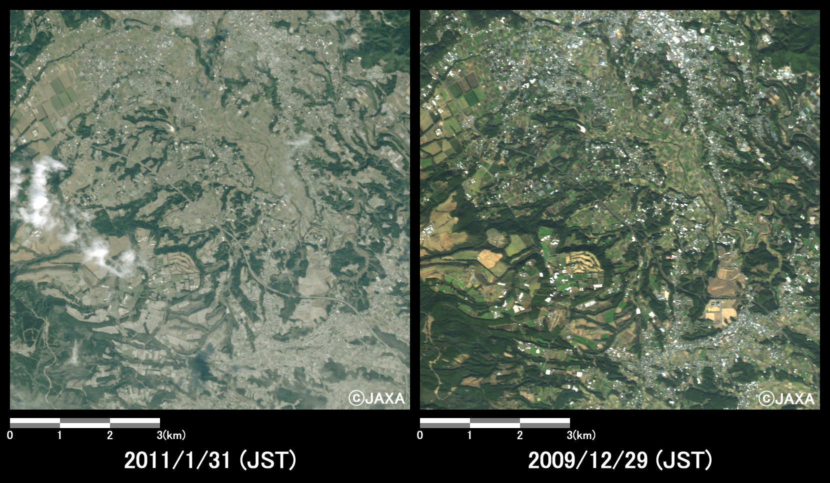 Fig.4: Enlarged image of eastern part of Shinmoedake peak. (4 square kilometers, left: September 29, 2010; right: May 4, 2009).
