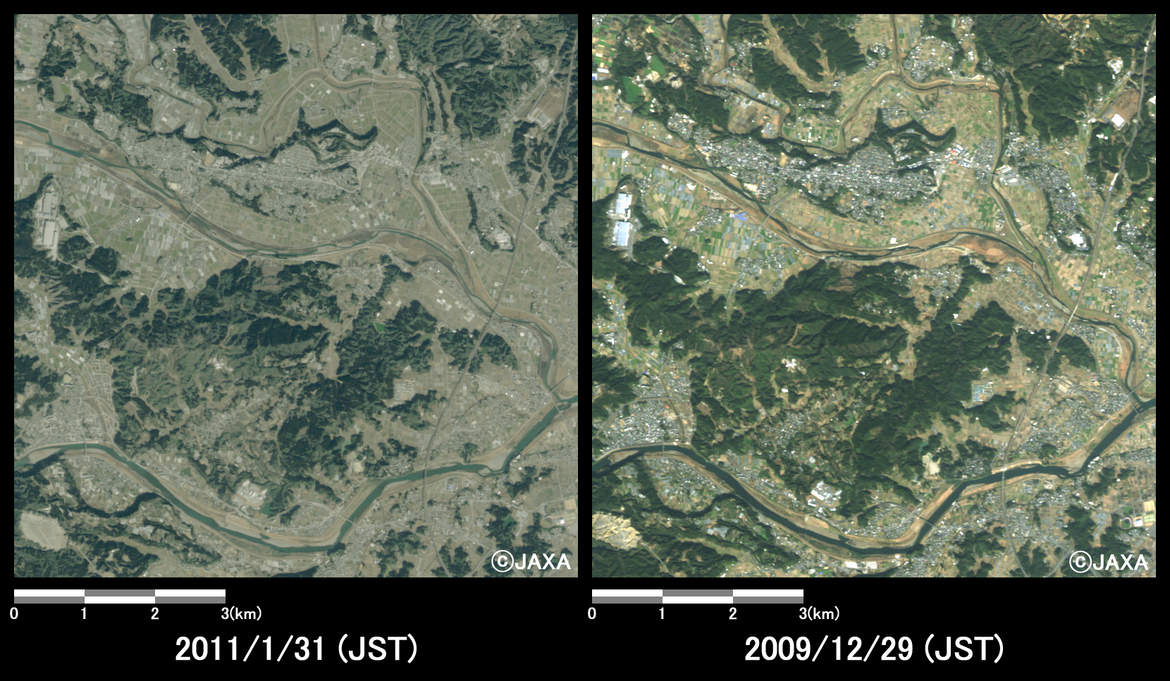 Fig.6: Enlarged image of western part of Miyazaki City. (64 square kilometers, left: January 31, 2011; right: December 29, 2009).