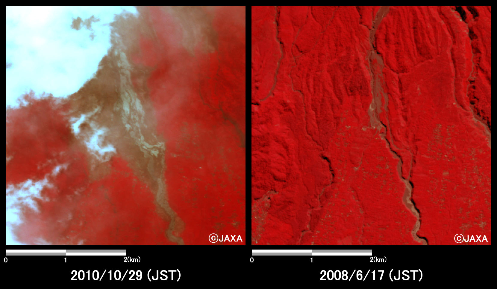 Fig.3: Enlarged images at the southeast slope of Mount Merapi. (16 square kilometers, left: October 29, 2010; right: June 17, 2008).