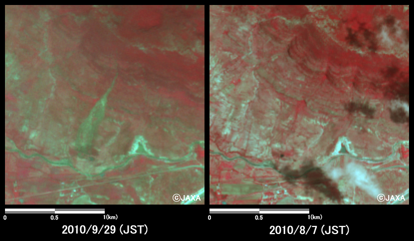 Fig. 2: Enlarged images of the mudslides at San@Pablo Villa de Mitla (4 square kilometers, left: September 29, 2010; right: August 7, 2010).