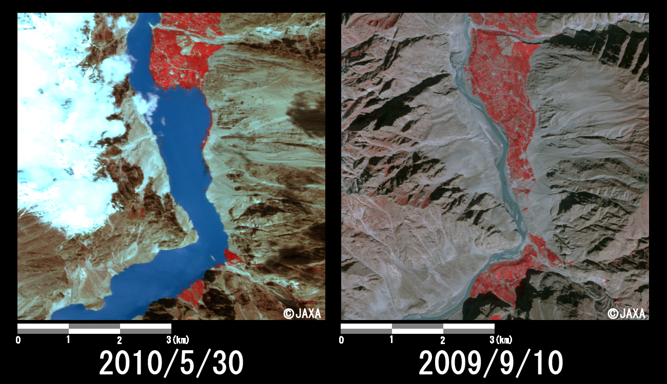 Fig. 4: Enlarged image of the Shishkat Village (6 km squares, left: May 30, 2010; right: Sep. 10, 2009).