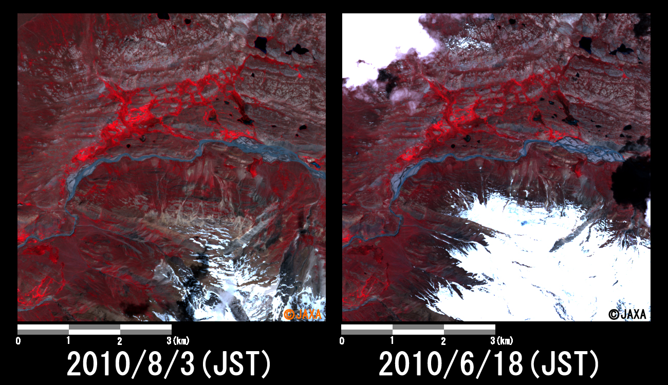 Fig.3: Enlarged image at the swollen river in Pechus (36 square kilometers, left: August 3, 2010; right: June 18, 2010).