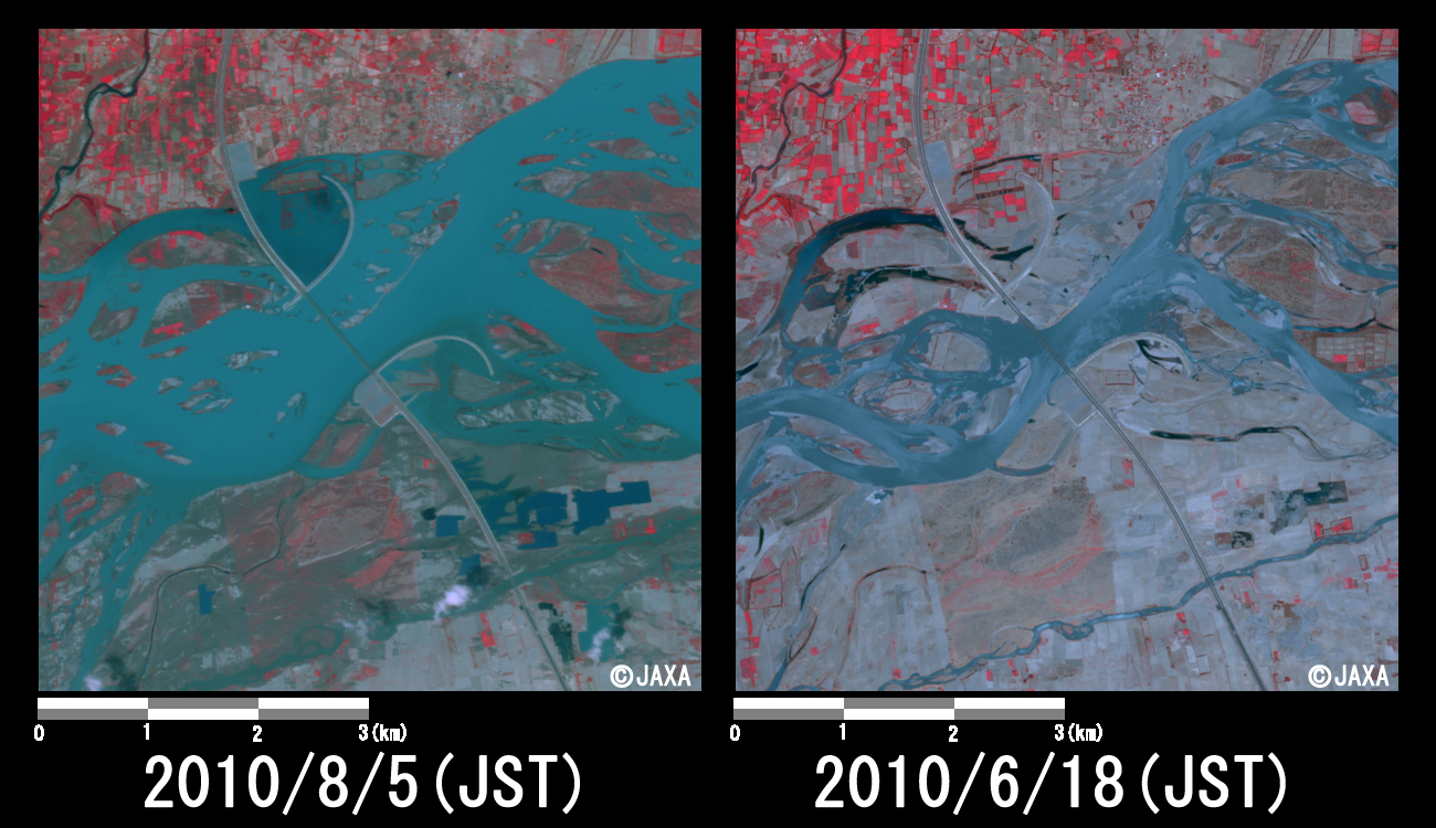 Fig. 3: Enlarged images of the swollen rivers at Kamra, Attock District (36 square kilometers, left: August 5, 2010; right: June 18, 2010).