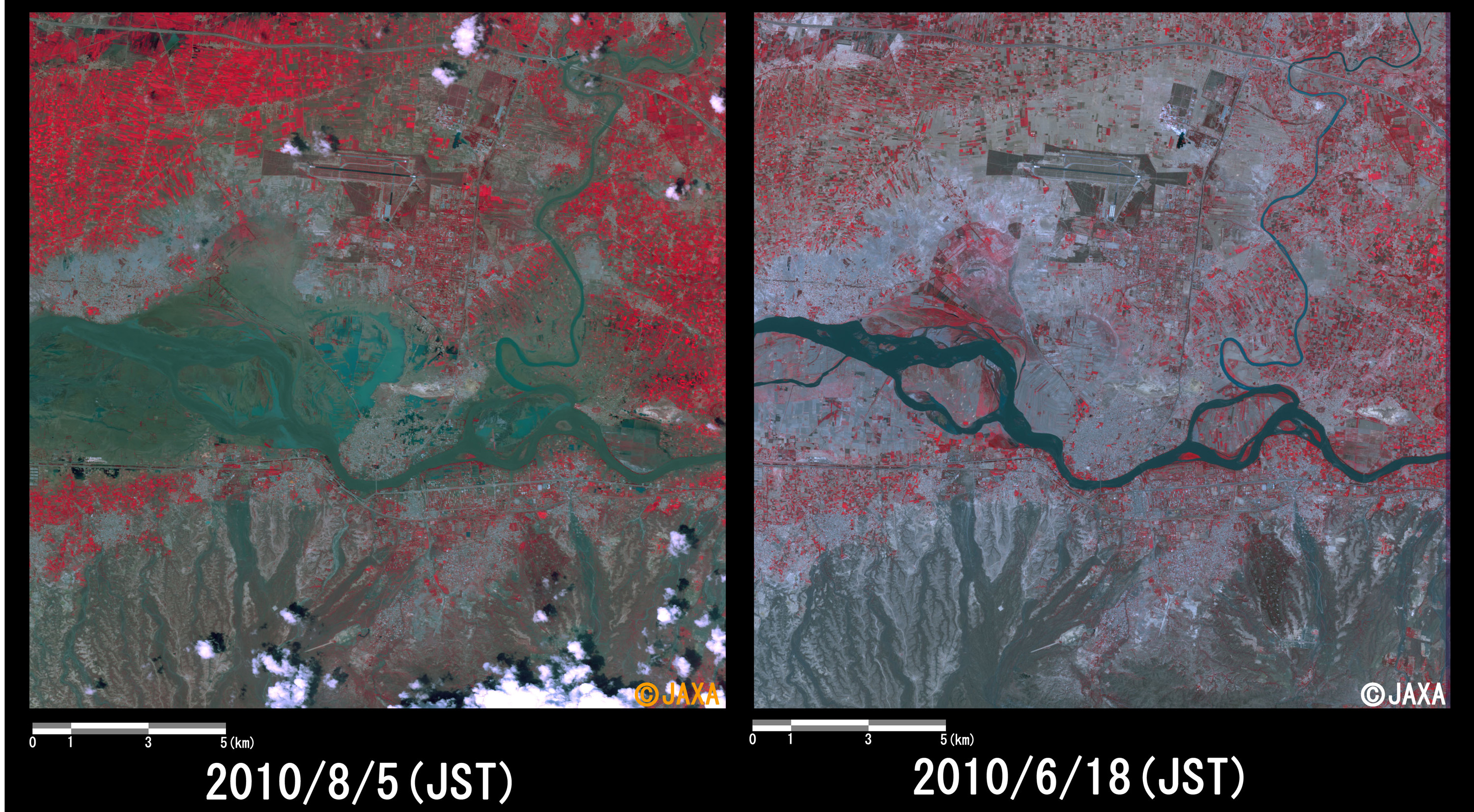 Fig. 4: Enlarged images of the swollen rivers in Nowshera District, Khyver Pakhtunkhwa Province (324 square kilometers, left: August 5, 2010; right: June 18, 2010).