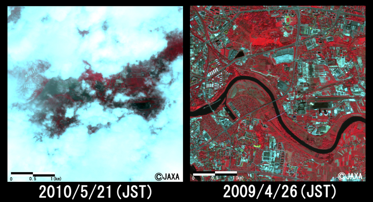 Fig. 4: Enlarged image in Krakau (4 kilometers squares, left: May 21, 2010; right: April 26, 2009).
