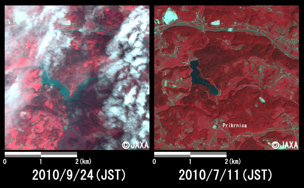 Fig. 2: Enlarged images of the freshet at Prikrnica. (16 square kilometers, left: September 24, 2010; right: July 11, 2010).