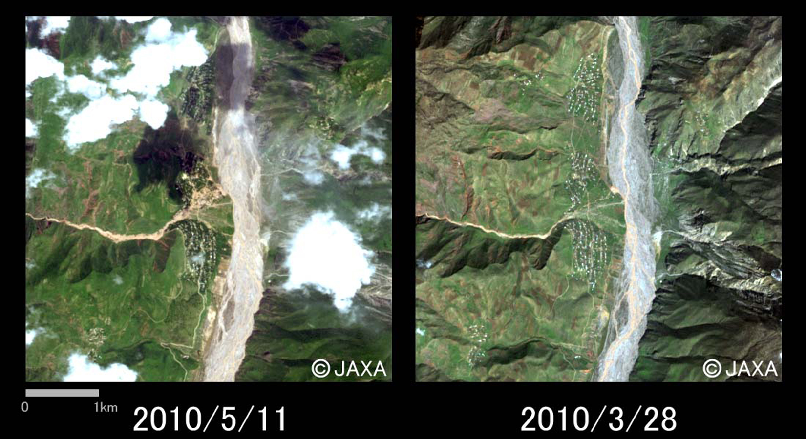 Fig. 5: AVNIR-2 image ofFlooding area in Dashtidzhum (5km square, left: May 11, 2010; right: March 28, 2010).