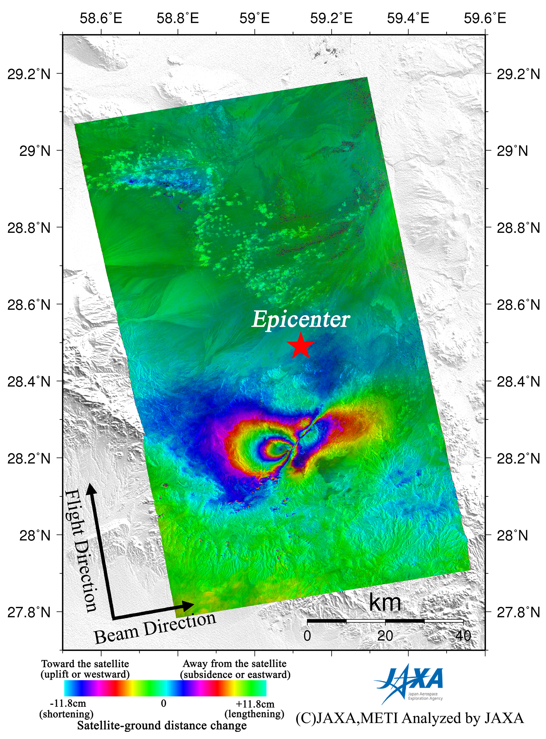 Figure 2 left is an interferogram generated from PALSAR data acquired before (2010/9/30) and after (2010/12/31) the earthquake using the DInSAR technique