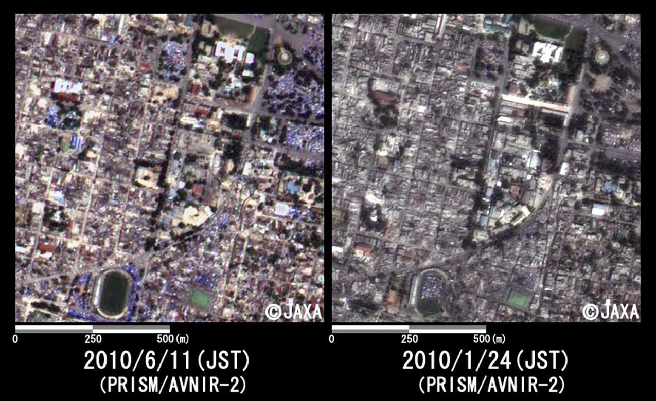 Fig. 3: Enlarged image around presidential palace in Haiti (1km squares, left: June 11, 2010; right: January 24, 2010).