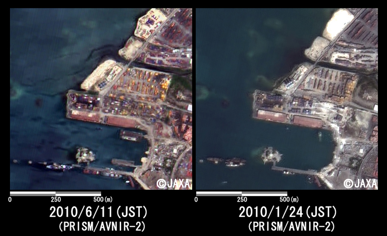 Fig. 4: Enlarged image of the harbor at Port-au-Prince (1km squares, left: June 11, 2010; right: January 24, 2010).