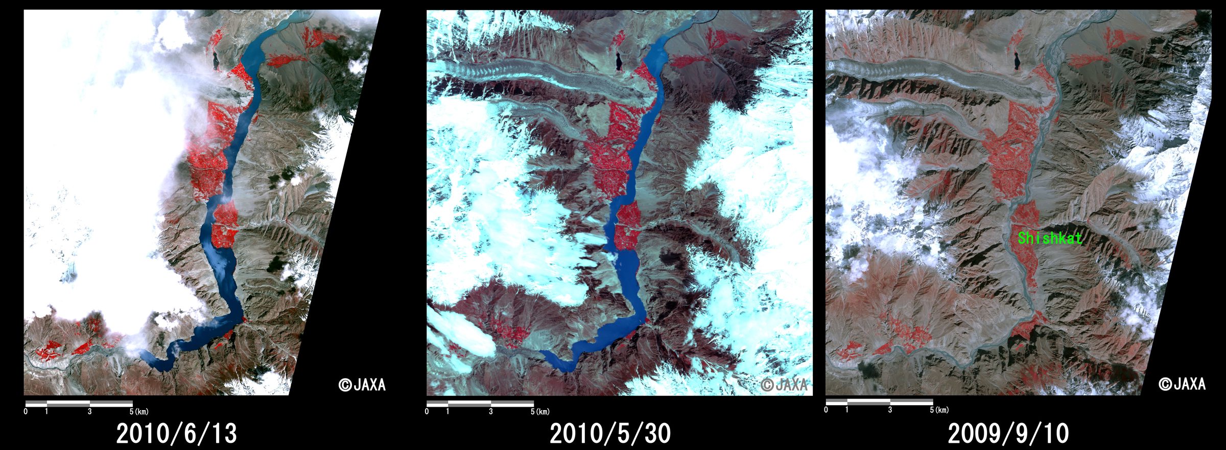 Enlarged image of the dammed lake around Shishkat Village (18 km squarers, left: June 13, 2010; middle: May 30, 2010, right: Sep. 10, 2009).