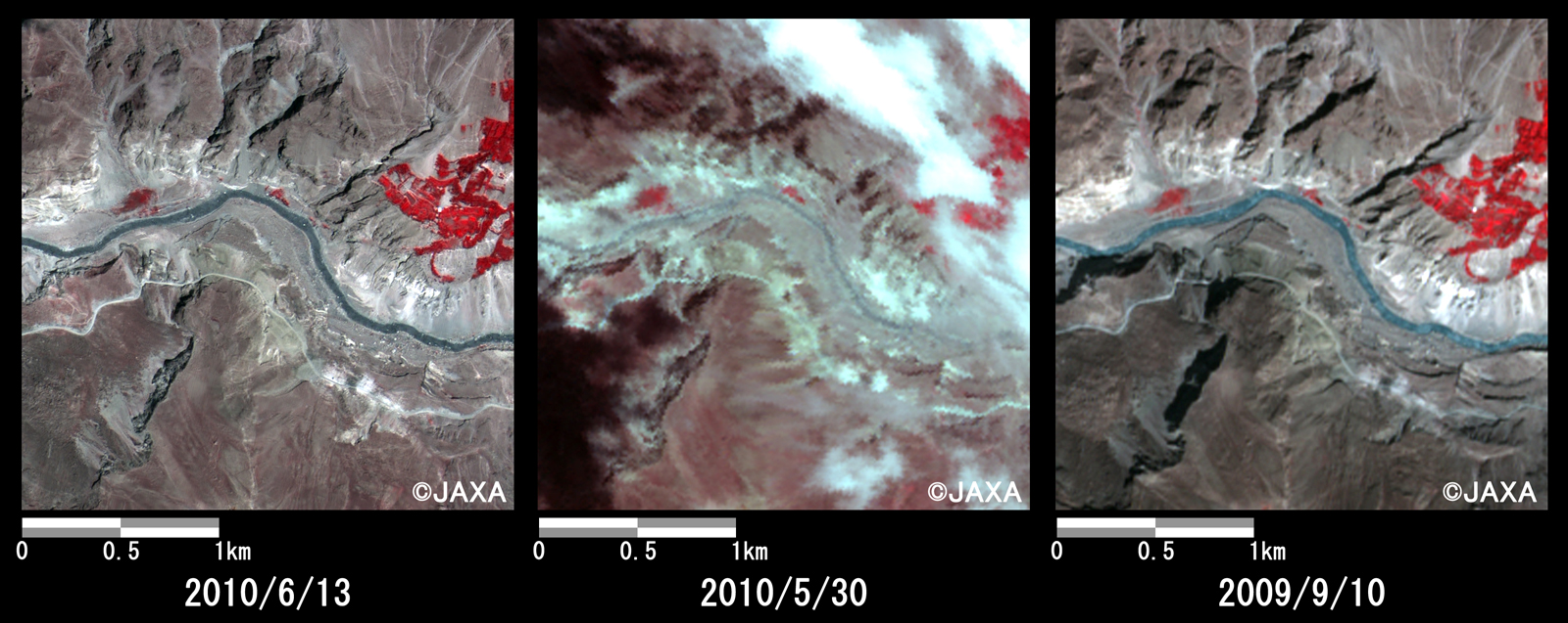 Fig. 5: Enlarged image of down reaches of the dammed lake. (2.5 km squares, left: June 13, 2010; middle: May 30, 2010; right: Sep. 10, 2009).