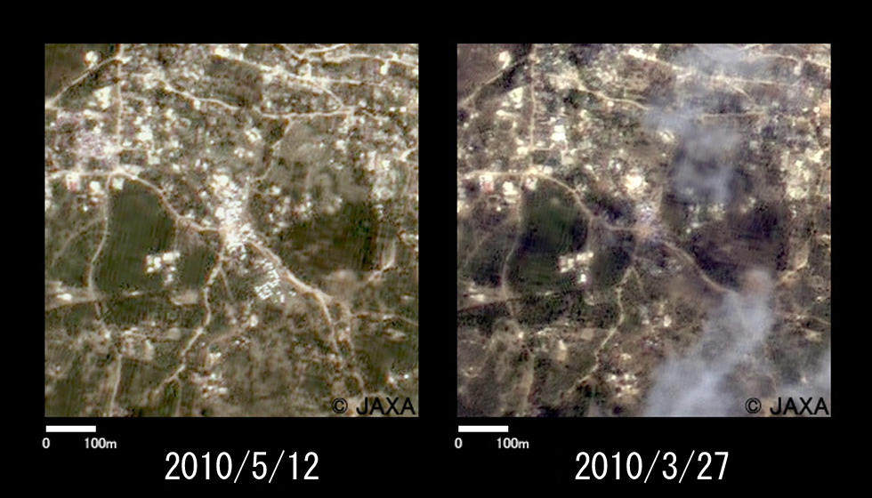 Fig.3: Enlarged image of 5.6 km west of Fig. 2 (750m squares, left: May 12, 2010; right: Mar. 27, 2010).