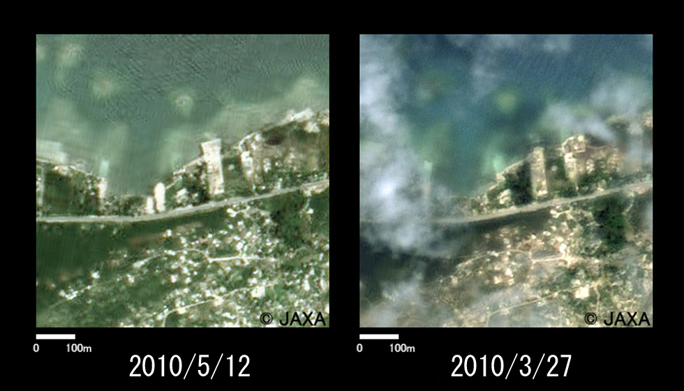 Fig.4: Enlarged image of port at 8 km west of Fig. 2 (750m squares, left: May 12, 2010; right: Mar. 27, 2010).