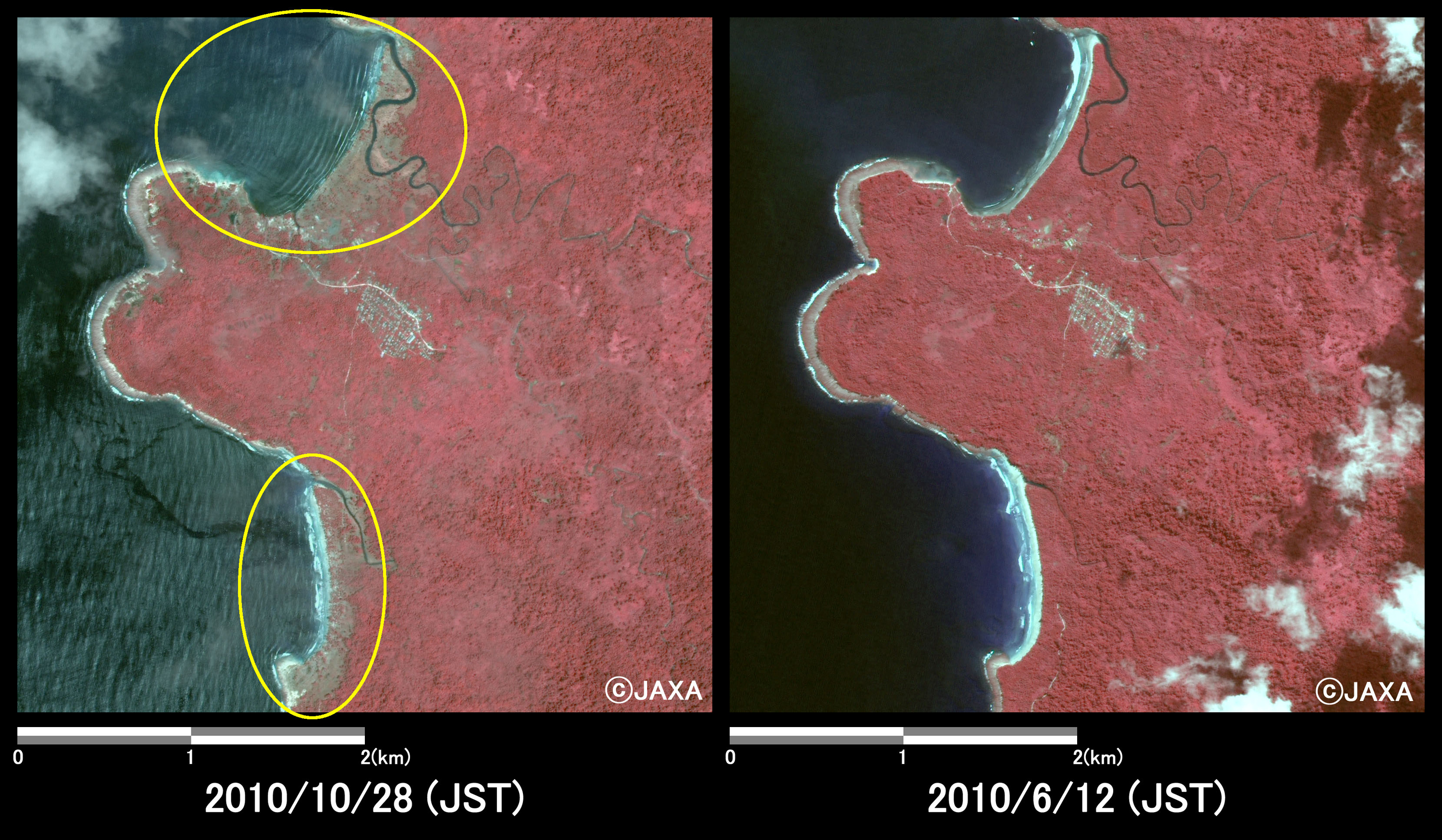 Fig.3: Enlarged images at the coast in South Pagai Island (16 square kilometers, left: October 28, 2010; right: June 12, 2010).
