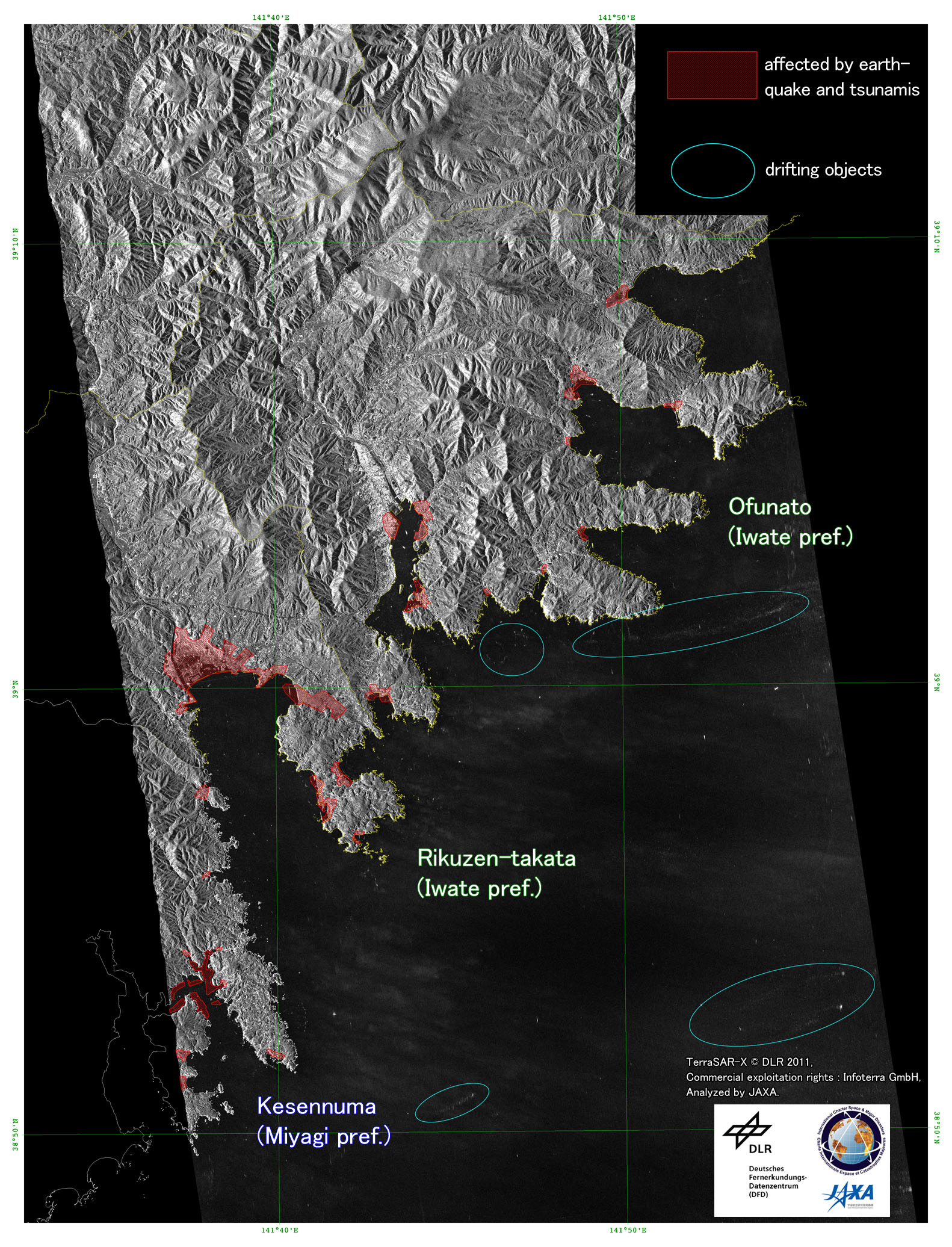 Figure 4 right is TerraSAR-X post-disaster image (interpretation of the image) around southern Iwate prefecture (2011/03/13).