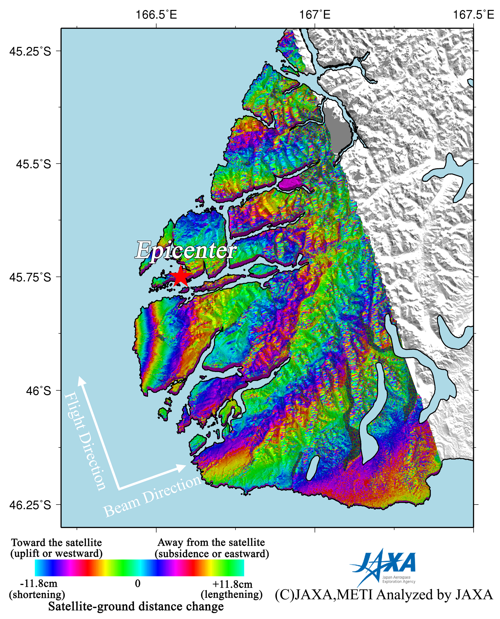 Observation Results of ALOS/PALSAR Relating to the Magnitude 7.6 Earthquake in the South Island, New Zealand, on July 2009 - Figure 1 left is an interferogram generated from PALSAR data acquired before and after the earthquake using the DInSAR technique. A color pattern illustrates changes of satellite-ground distance for the period.