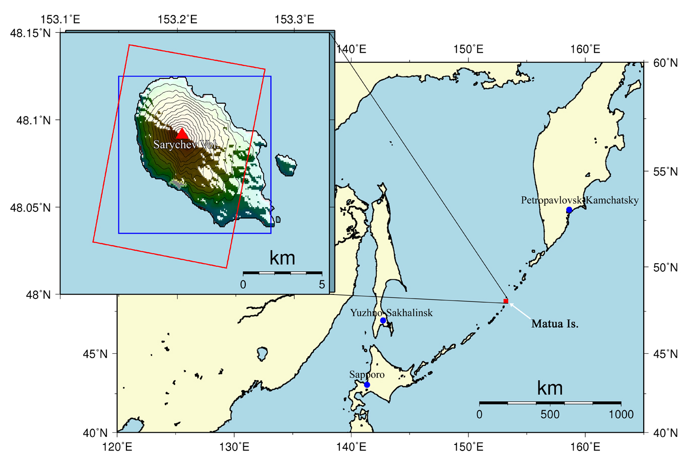 Observation Results of ALOS/PALSAR Relating to the Eruption at Sarychev Peak, Kuril Islands, in June 2009 - Fig. 2 Overall view of the observation area.