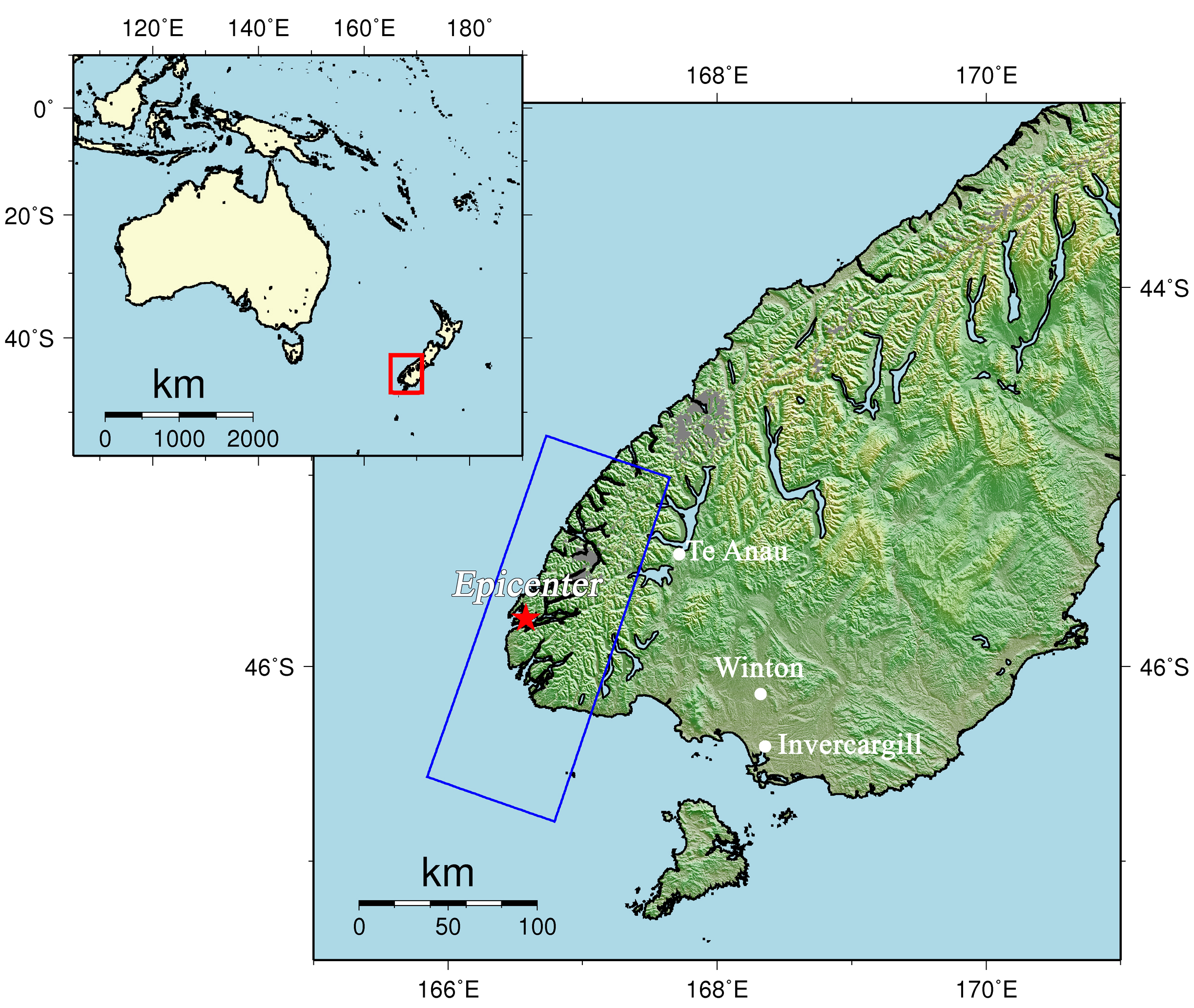 Observation Results of ALOS/PALSAR Relating to the Magnitude 7.6 Earthquake in the South Island, New Zealand, on July 2009 - Fig. 2 Overall view of the observation area on July 23, 2009.