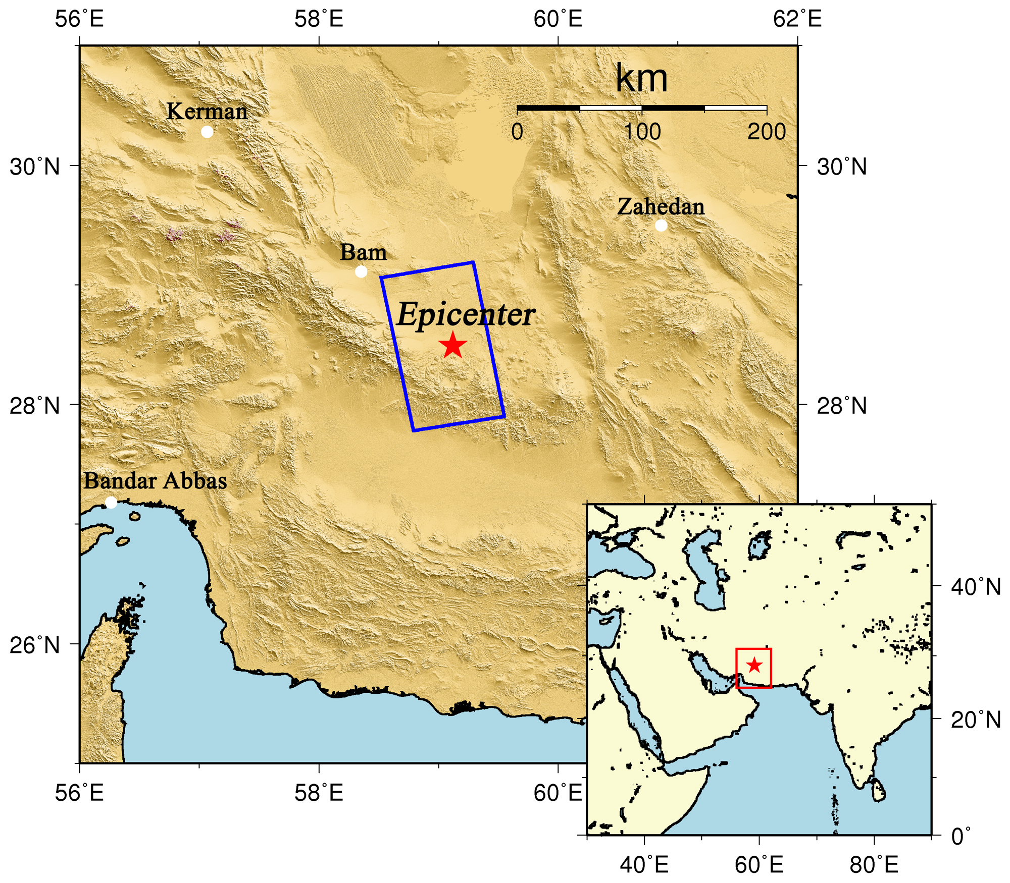 Fig.1: An overall view of the observation area (We refer to SRTM3 as terrain data). The blue rectangle indicates the observation area shown in Fig. 2 and the red star represents the epicenter.